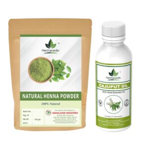 Natural Henna Powder (1kg) + 100% Pure Cajuput Oil (500ml) Combo – For Dark Mehndi Stain – Herbal Mehndi Powder with Enhancer Oil – Bridal & Festival Ready