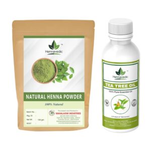 Natural Henna Powder (1kg) + 100% Pure Tea Tree Oil (500ml) Combo – For Dark Mehndi Stain – Herbal Mehndi Powder with Enhancer Oil – Bridal & Festival Ready