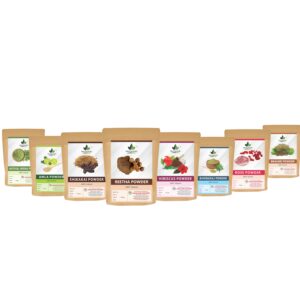 Henna Powder, Amla Powder, Shikakai Powder, Reetha Powder, Bhringraj Powder, Hibiscus Powder, Brahmi Powder & Rose Powder