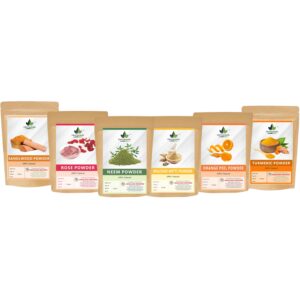 Sandalwood, Rose Powder, Multani Mitti Powder, Orange Peel, Neem Powder & Turmeric Powder
