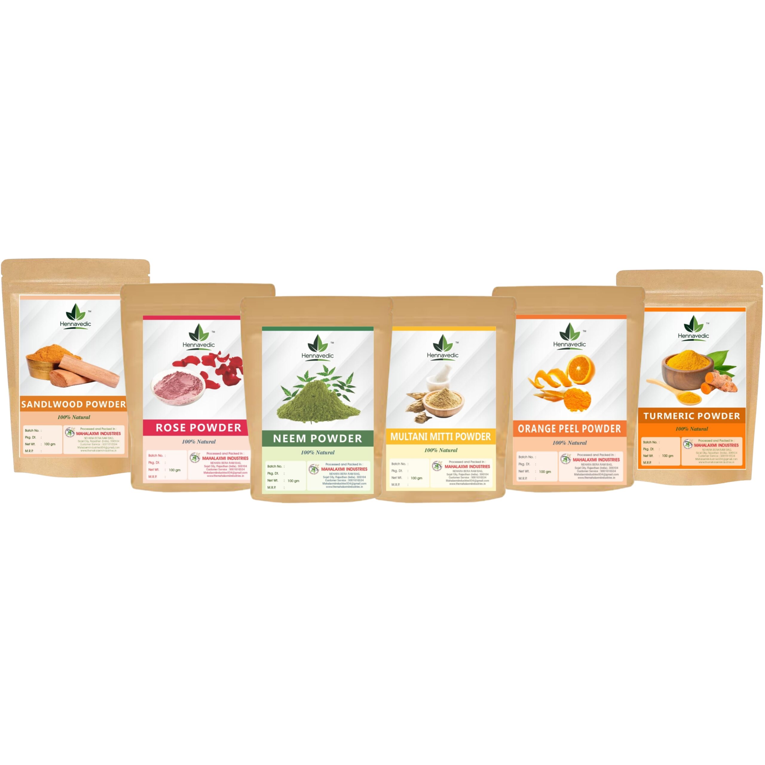 Sandalwood, Rose Powder, Multani Mitti Powder, Orange Peel, Neem Powder & Turmeric Powder