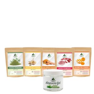 Neem Powder + Sandalwood Powder + Rose Powder + Multani Mitti Powder + Orange Peel Powder + Aloevera Gel