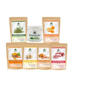 Sandalwood Powder + Orange Peel Powder + Neem Powder + Rose Powder + Multani Mitti Powder + Turmeric Powder + Aloevera Gel