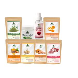 Sandalwood Powder + Orange Powder + Neem Powder + Rose Powder + Multani Mitti Powder + Haldi Powder + Aloevera Gel + Rose Water Combo