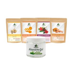 Multani Mitti Powder + Hibiscus Powder + Orange Peel Powder + Sandalwood Powder + Aloevera Gel