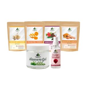 Multani Mitti Powder + Hibiscus Powder + Orange Powder + Sandalwood Powder + Aloevera Gel + Rose Water Combo